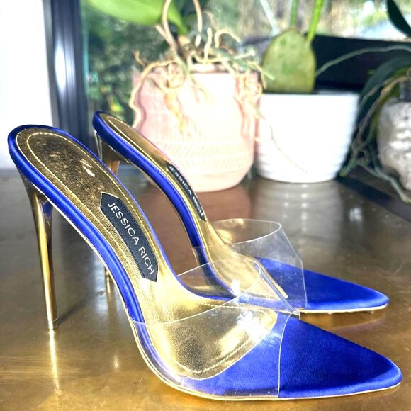 Jessica Rich Stiletto Mules 8 38 Pump Clear Strap Cocktail Formal Chic Navy Blue - Picture 2 of 10